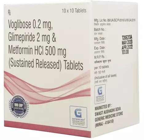 VOGLIBOSE 0.2 MG + GLIMEPIRIDE 2 MG + METFORMIN HYDROCHLORIDE 500 MG SR