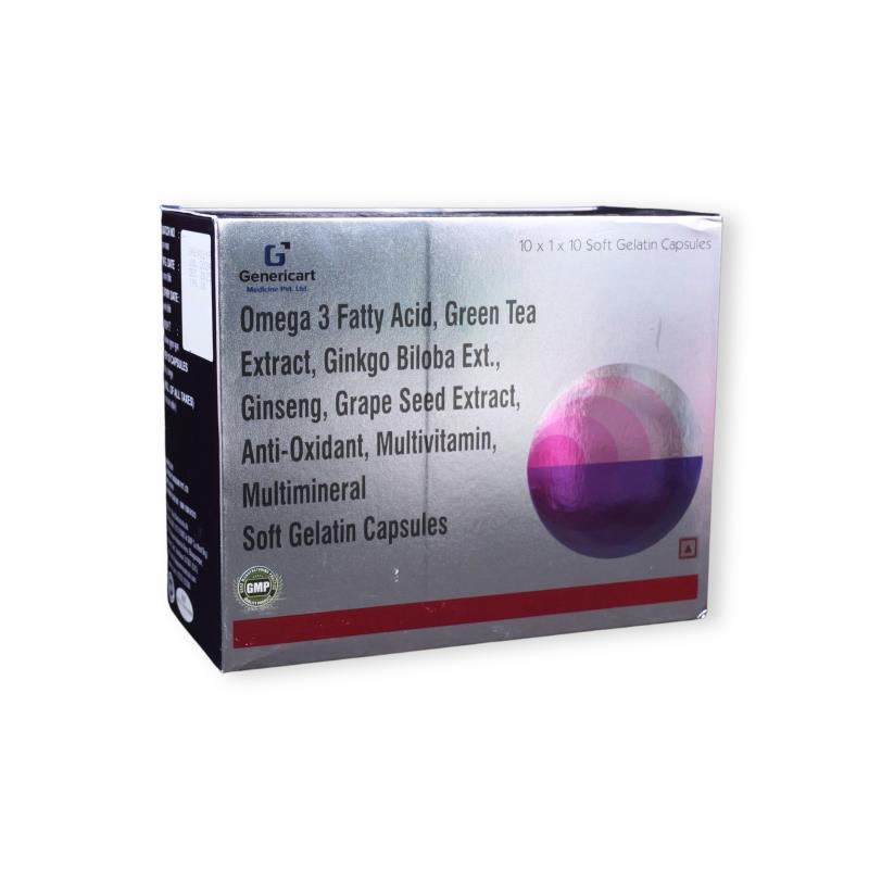 OMEGA-3 FATTY ACID + GREEN TEA EXTRACT + GINKGO BILOBA EXTRACT +  GINSENG + GRAPES SEEDS EXTRACT+ ANTI-OXIDANT+ MULTIVITAMINS + MULTIMINERALS  SOFT GELATIN CAP