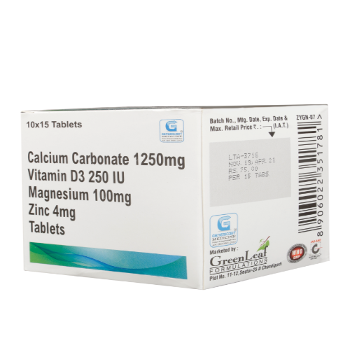CALCIUM CARBONATE 1250 MG + VITAMIN D3 250 IU + MAGNESIUM HYDROXIDE 100 MG + ZINC SULPHATE MONO 4 MG