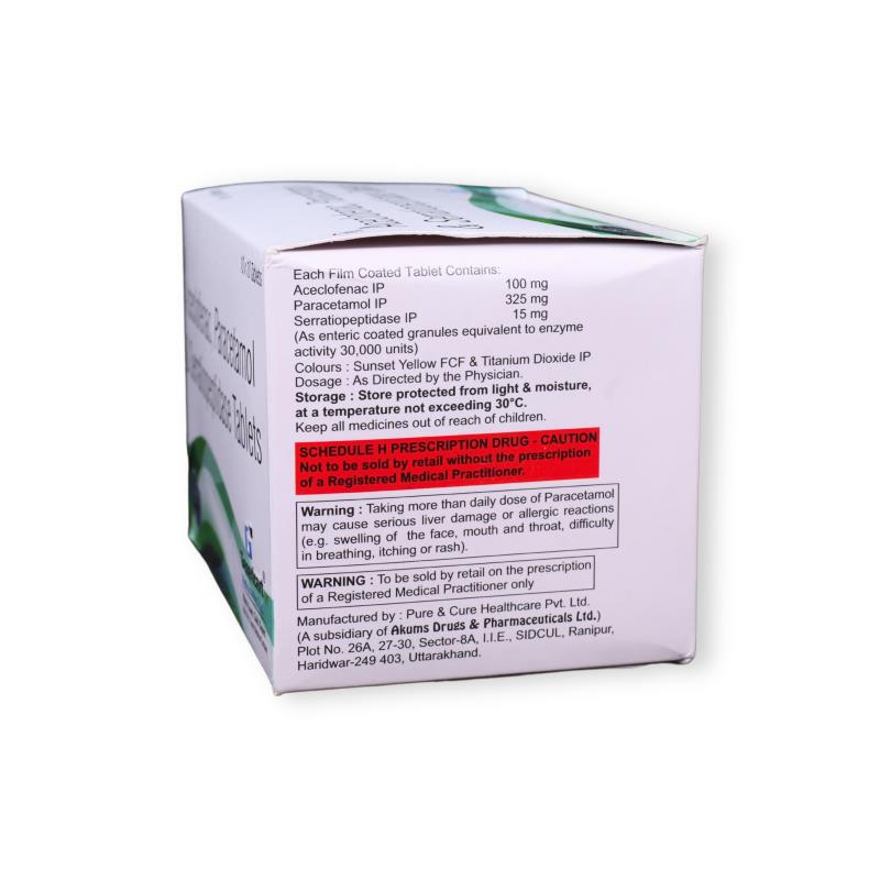 ACECLOFENAC 100 MG + PARACETAMOL 325 MG + SERRATIOPEPTIDASE 15 MG - Genericart Products