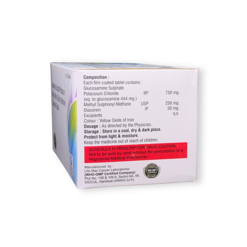 GLUCOSAMINE SULPHATE POTASSIUM CHLORIDE 750 MG + METHYL SULFONYL METHANE 250 MG + DIACEREIN 50 MG - Genericart Products