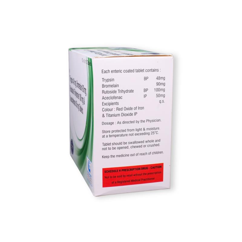 TRYPSIN 48 MG +  BROMELAIN 90 MG  + RUTOSIDE TRIHYDRATE 100 MG + ACECLOFENAC 50 MG - Genericart Products