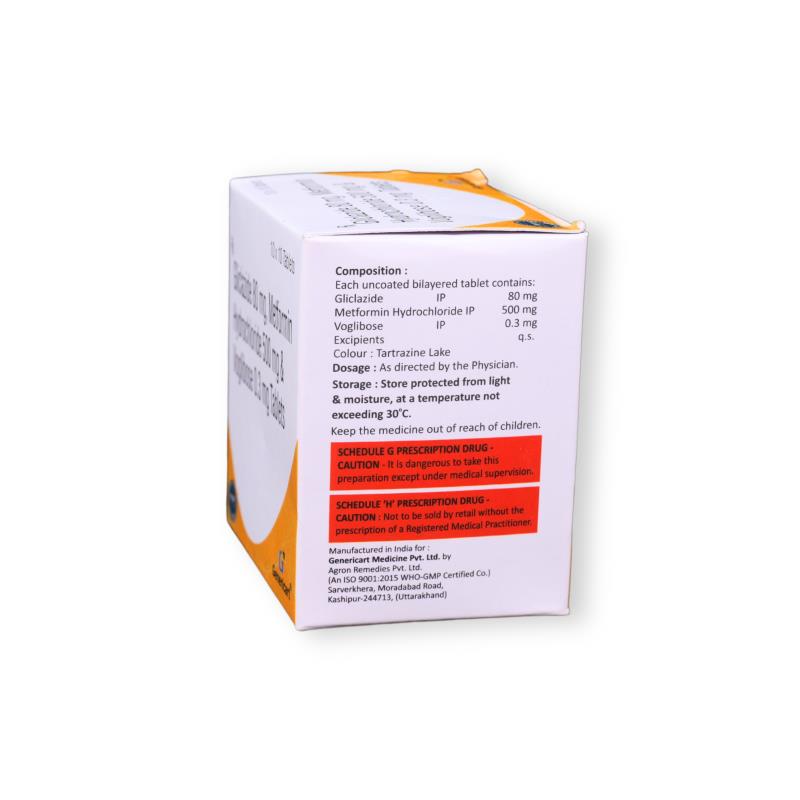 GLICLAZIDE 80 MG + METFORMIN HYDROCLORIDE 500 MG + VOGLIBOSE 0.3 MG - Genericart Products