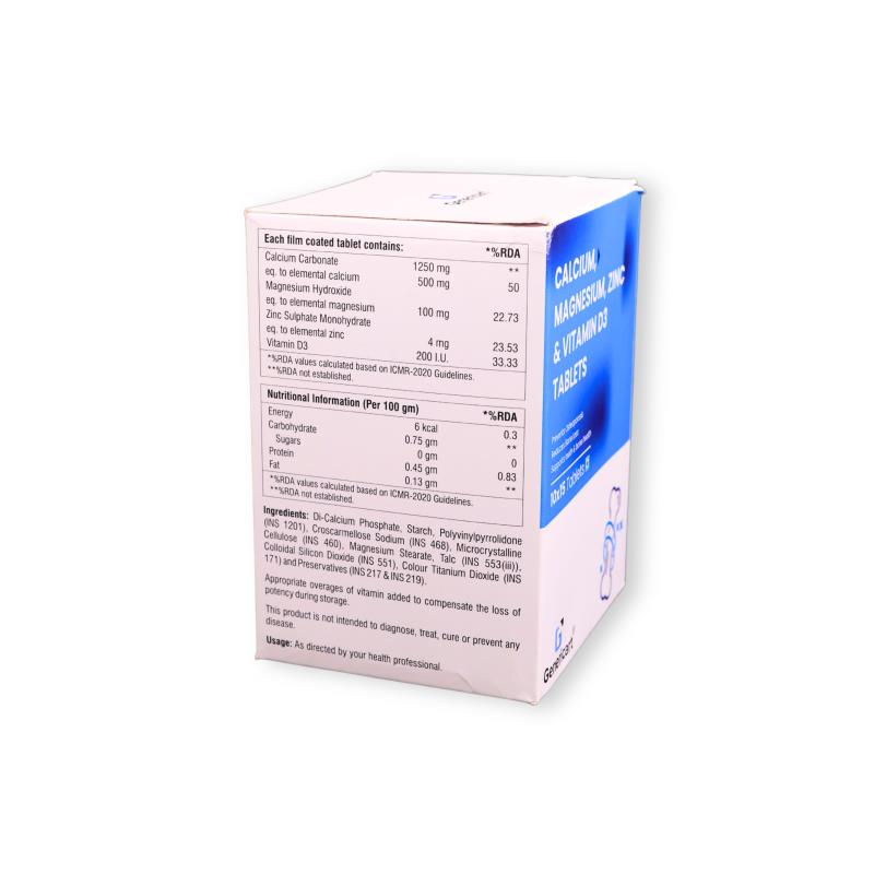 CALCIUM CARBONATE 1250 MG + MAGNESIUM HYDROXIDE 500 MG + ZINC 4 MG + VITAMIN D3 200 IU - Genericart Products