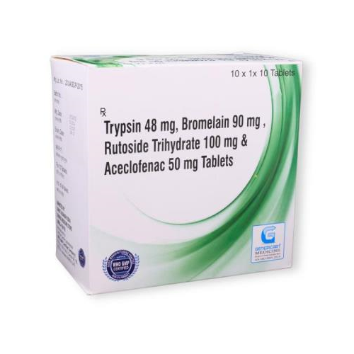 TRYPSIN 48 MG +  BROMELAIN 90 MG  + RUTOSIDE TRIHYDRATE 100 MG + ACECLOFENAC 50 MG